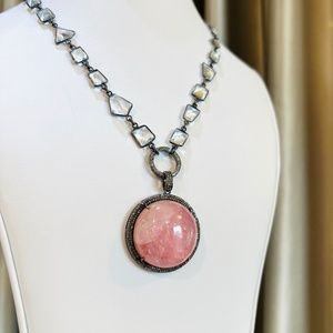 Pink Rose Quartz and Pave Diamond Pendant on oxidized clear quartz chain